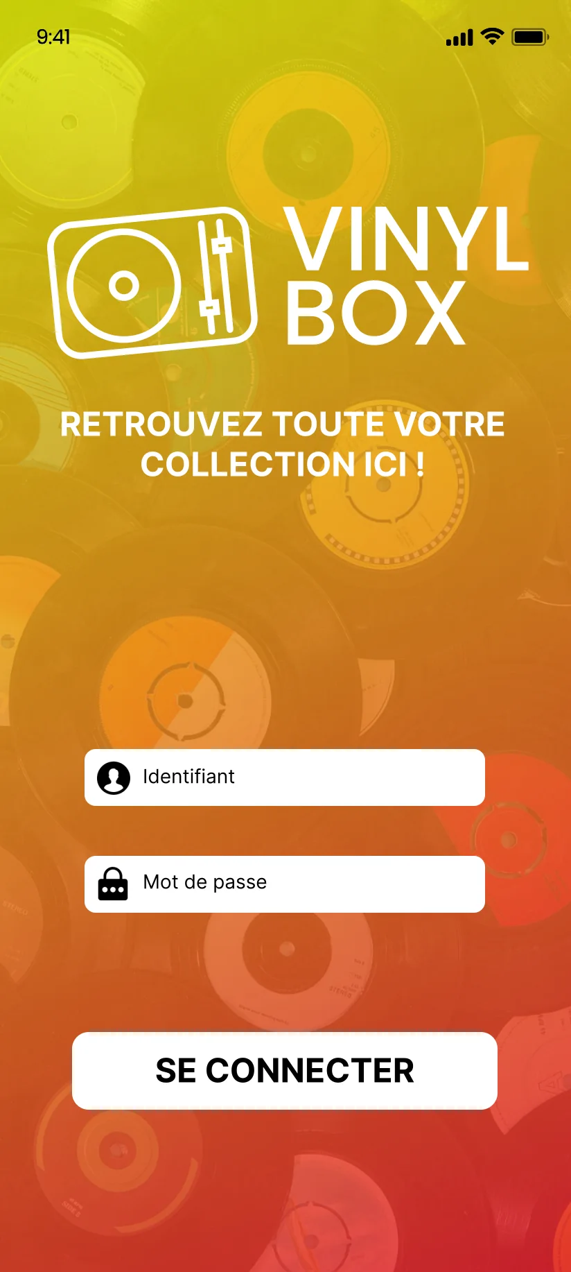 Écran « Connexion » de l’application Vinyl Box