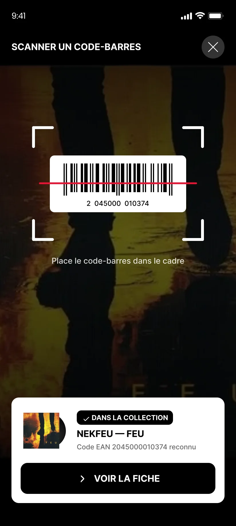 Écran « Scan code-barres » de l’application Vinyl Box